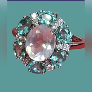 925 Sterling Silver Ring Sz 8 with Natueal Rose Quartz & Appatite Gemstone